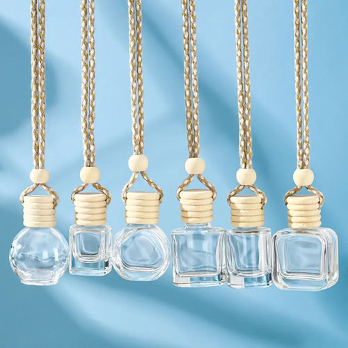 Car Aroma Diffuser 5ml Mini Refillable Hanging Glass Pendant Wooden Cap Air Freshener I معطر سيارة زجاجي 5مل معلق بغطاء خشبي قابل لإعادة الملء
