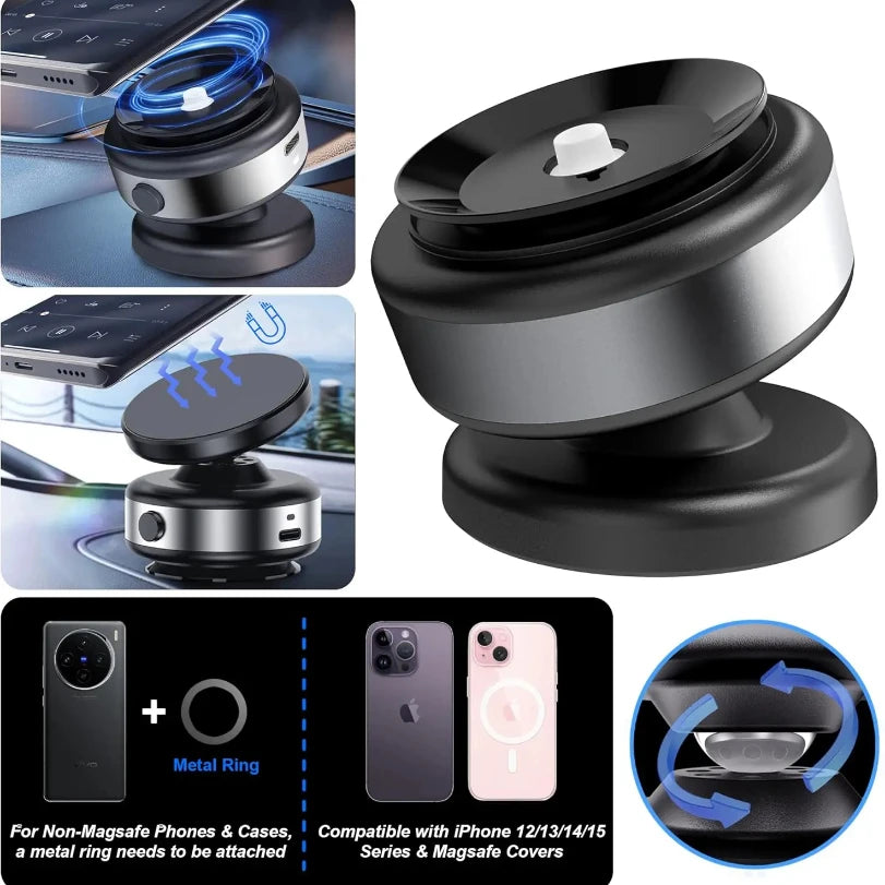 حامل هاتف مغناطيسي كهربائي للسيارة بكوب شفط 360° لآيفون 14 15 16 – Electric Vacuum Magnetic Car Mount 360° Rotation Suction Cup iPhone 14 15 16 Hands-Free